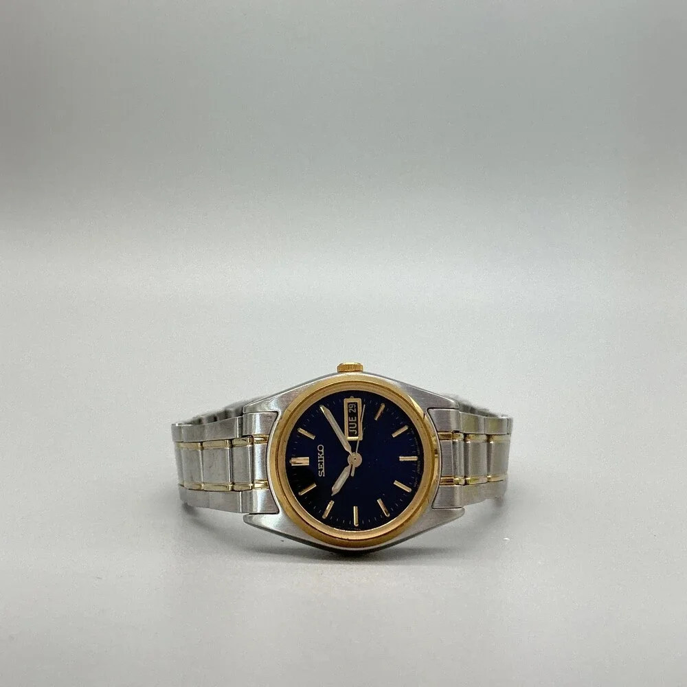 Vtg Seiko Womens Watch 24mm Blue Two Tone Day Date New Battery 6.75